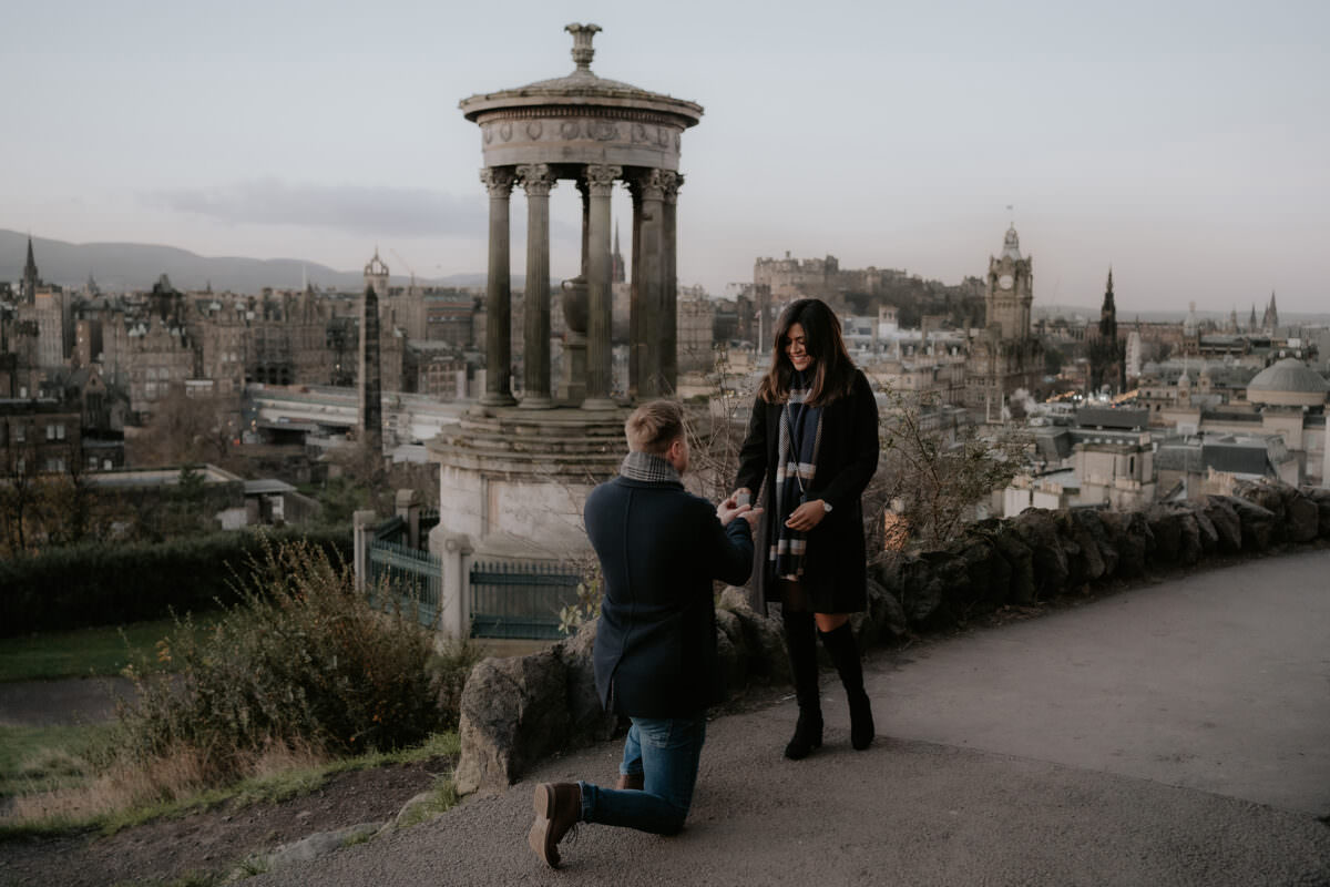 Calton Hill surprise marriage proposal in Edinburgh - engagement photos in Scotland