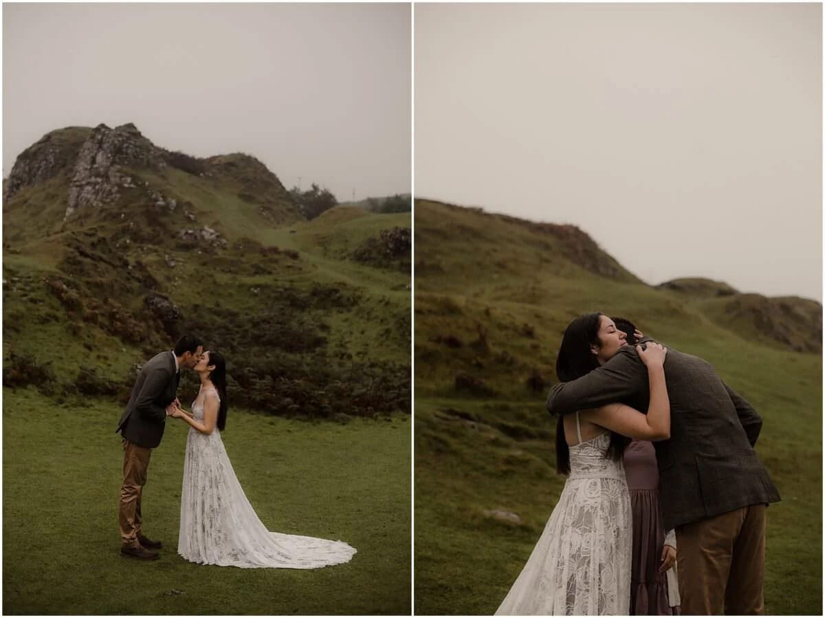 Couple sharing their first kiss after a vow renewal ceremony at Fairy Glen, Isle of Skye, followed by an emotional embrace