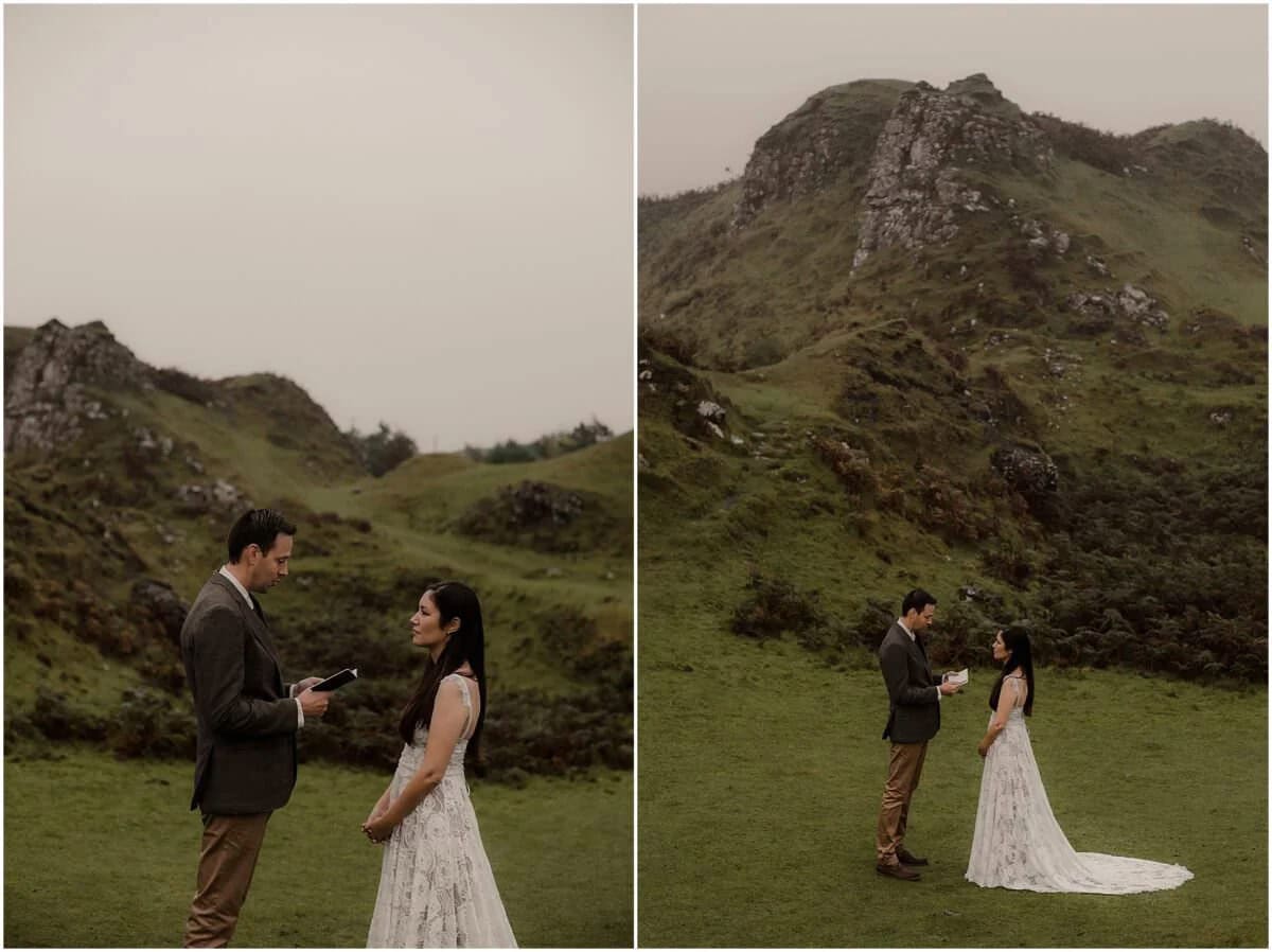 Couple during their intimate vow renewal at Fairy Glen, Isle of Skye on an overcast autumn morning