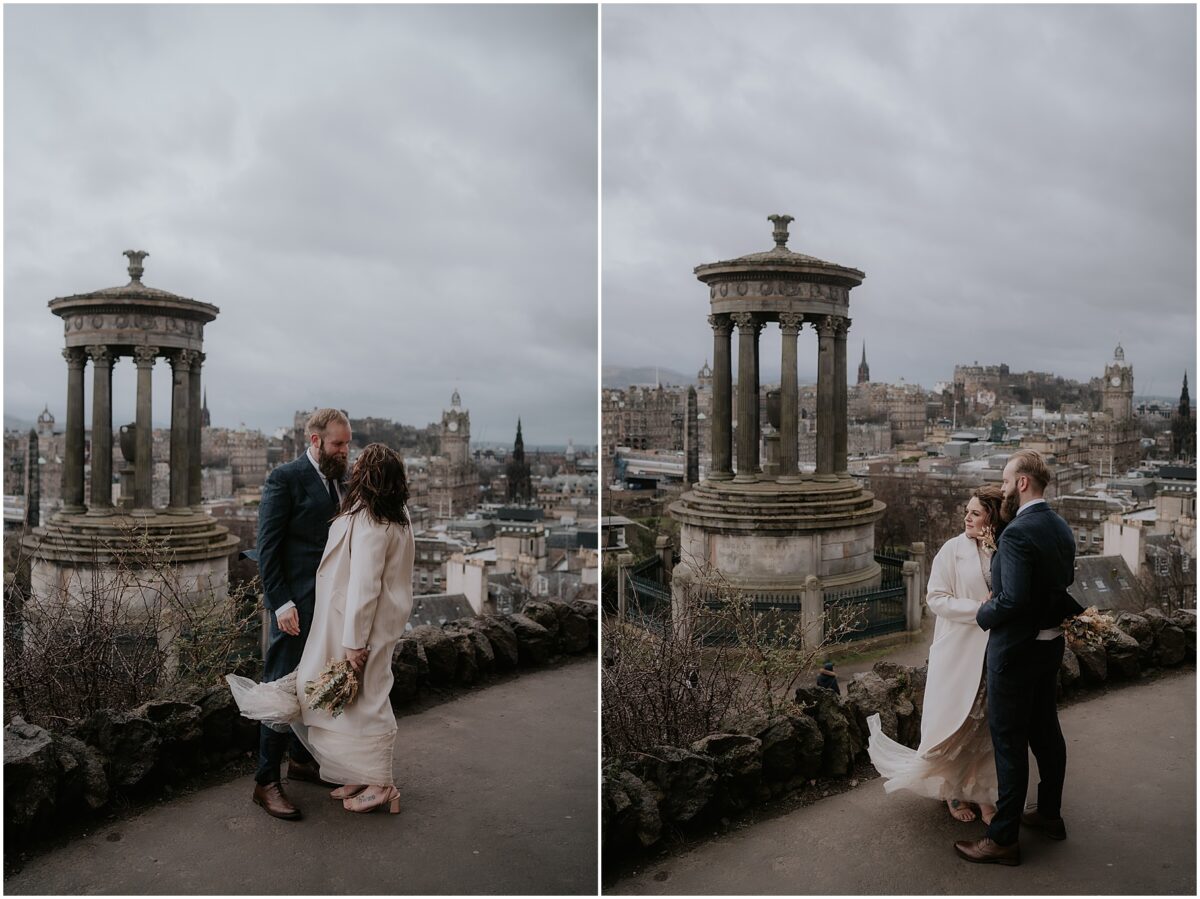 Calton Hill elopement photos in Edinburgh - windy couple portaits with the city skyline in the background