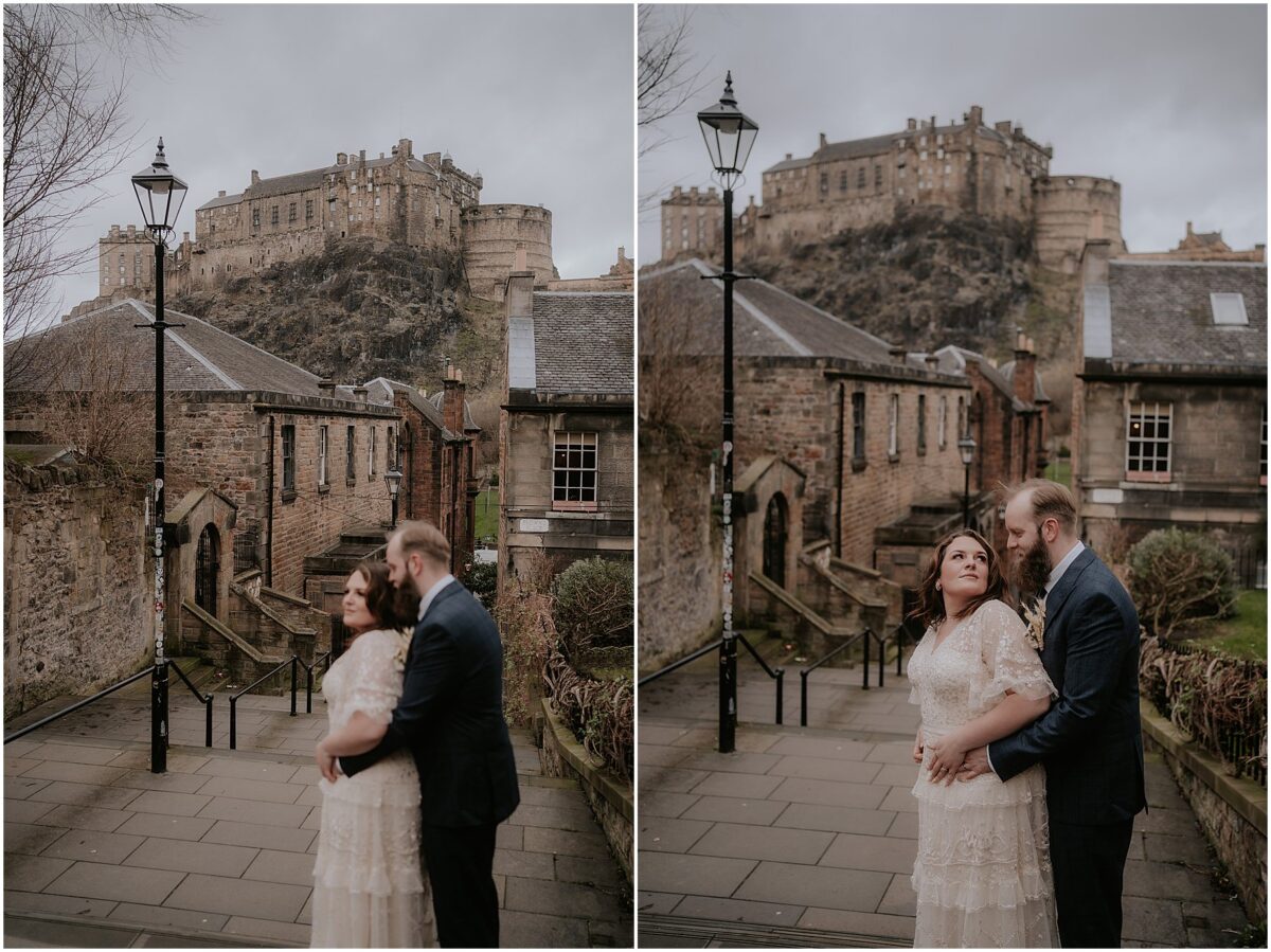 Bride and groom standing at the top of Vennel Steps with Edinburgh Castle towering in the background