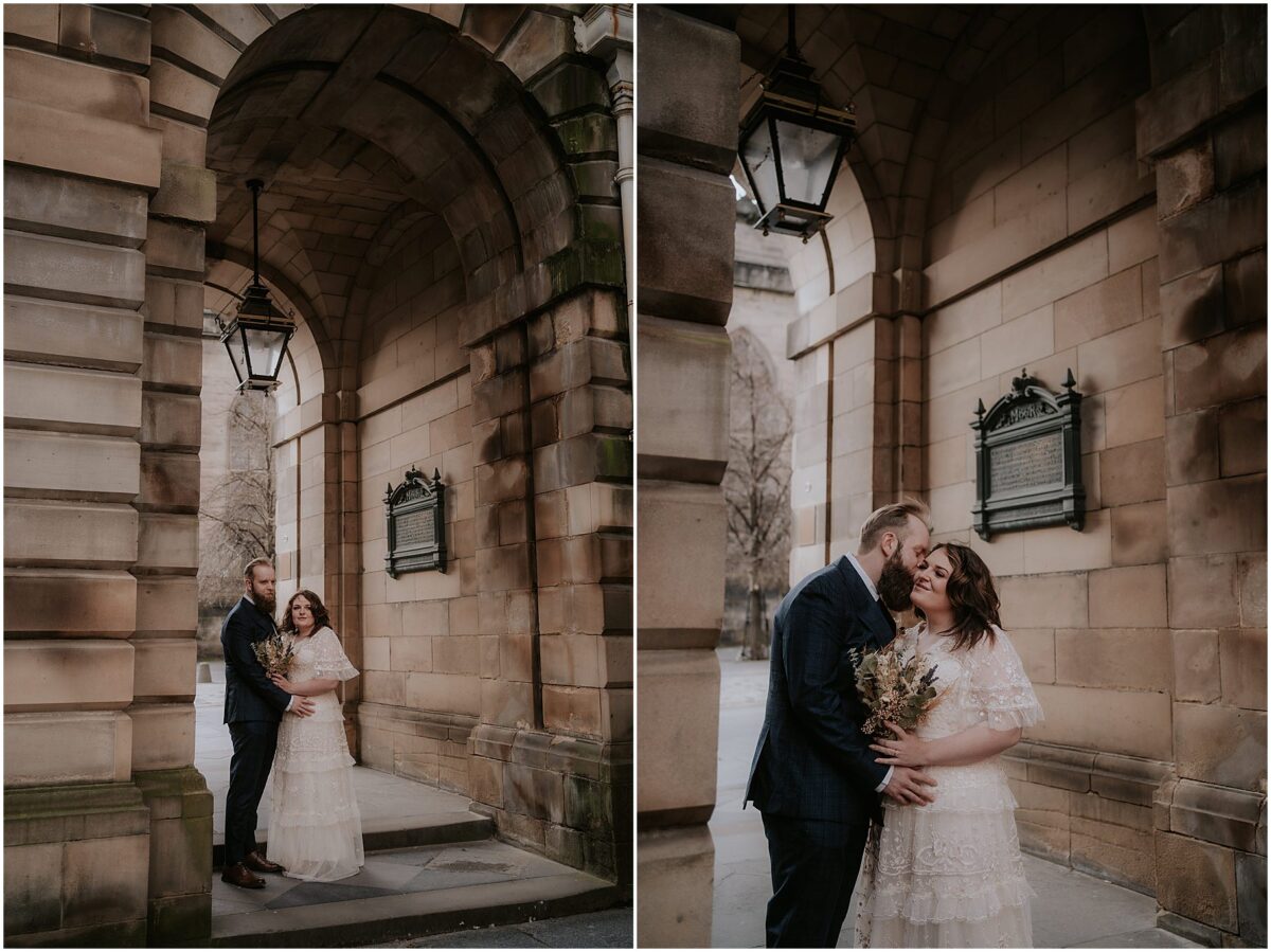 Bride and groom embracing before their City Chambers ceremony