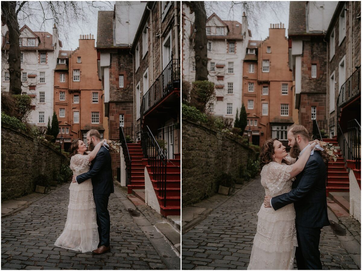 Newlywed sharing a hug at Ramsay Lane in Edinburgh - bride holding a dried flower bouquet in her hands