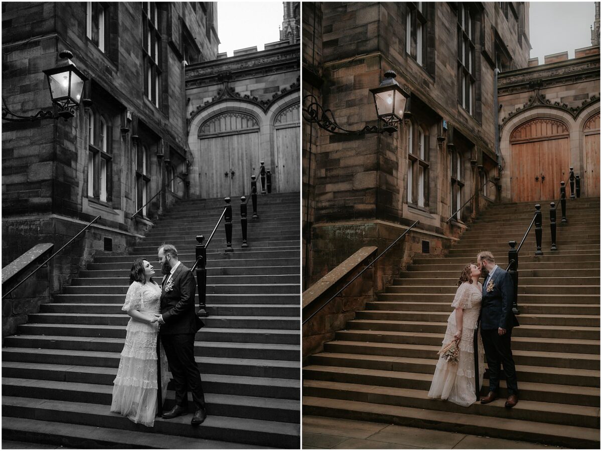 Collage of images: bride and groom holding hands at the bottom of the Assembly Rooms (black and white photo) and kissing at the same location in the second photo