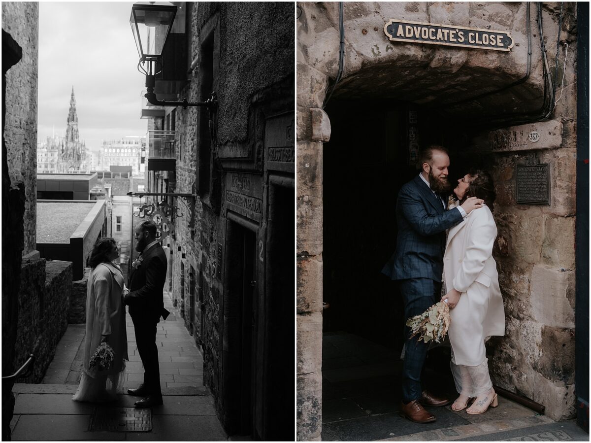 Intimate moments between bride and groom standing at Edinburgh Advocate's Close