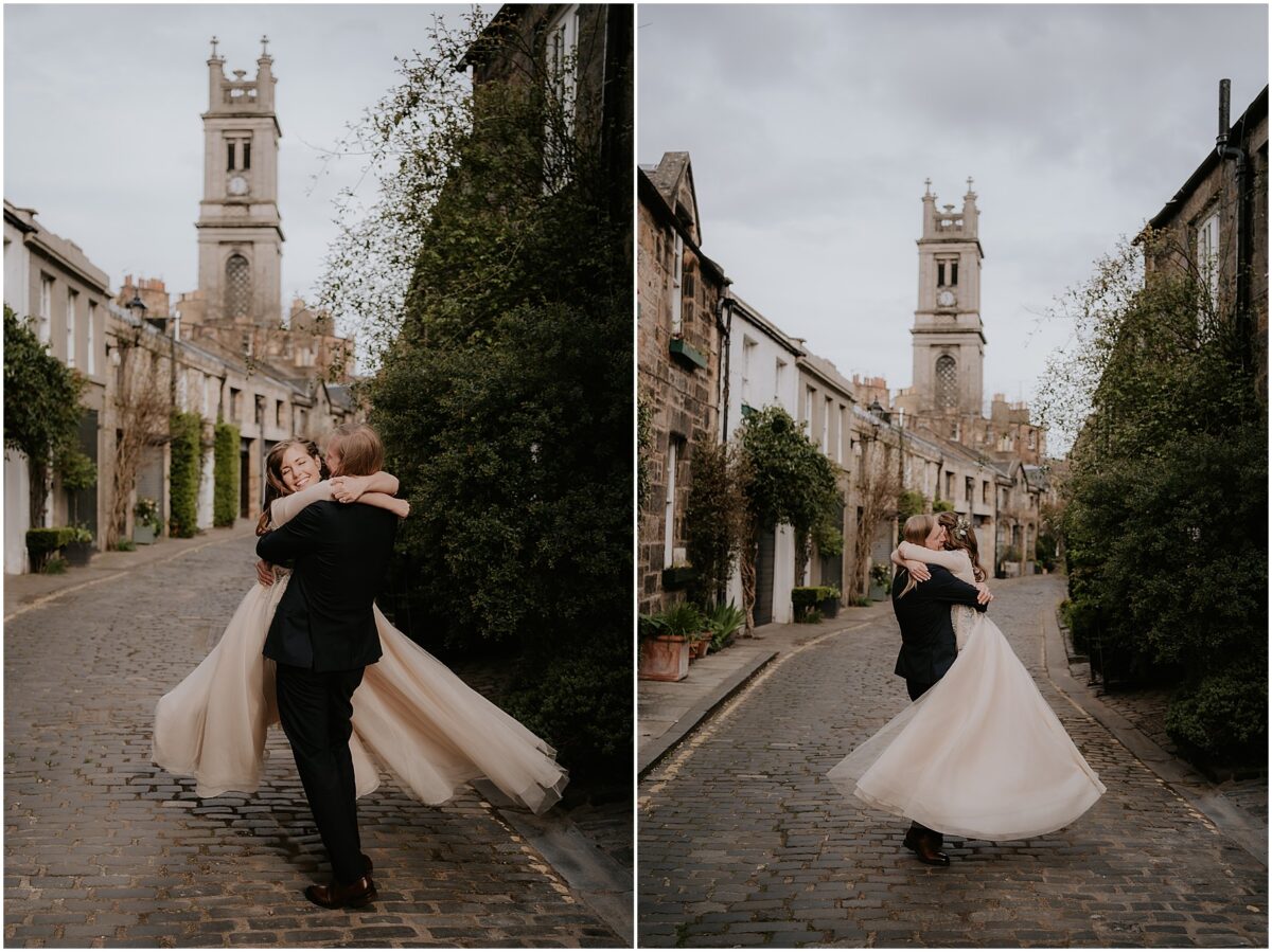Groom twirling his bride joyfully in Stockbridge area of the city