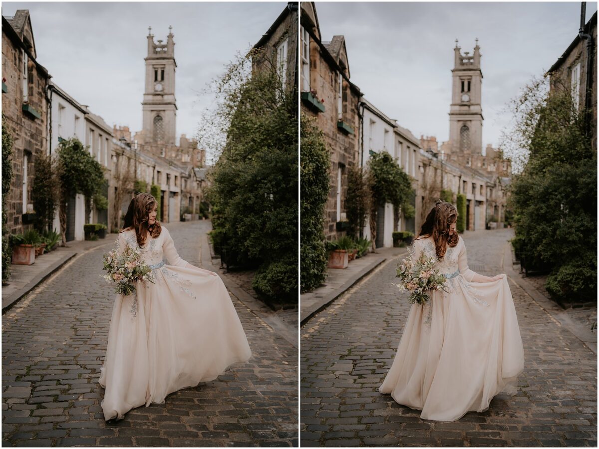 Portraits of the bride touching her Teuta Matoshi wedding gown and looking down at the train
