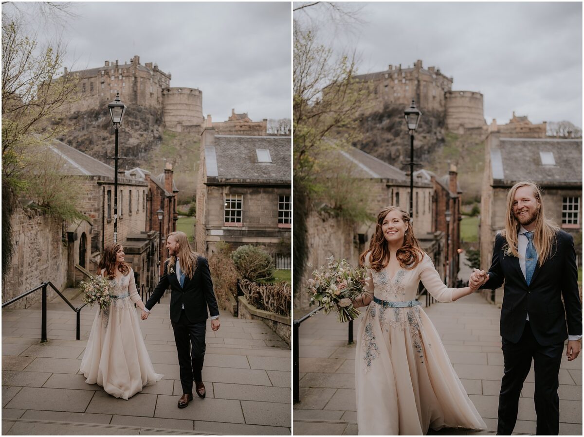 Married couple walking up the Vennel Steps and smiling joyfully at each other
