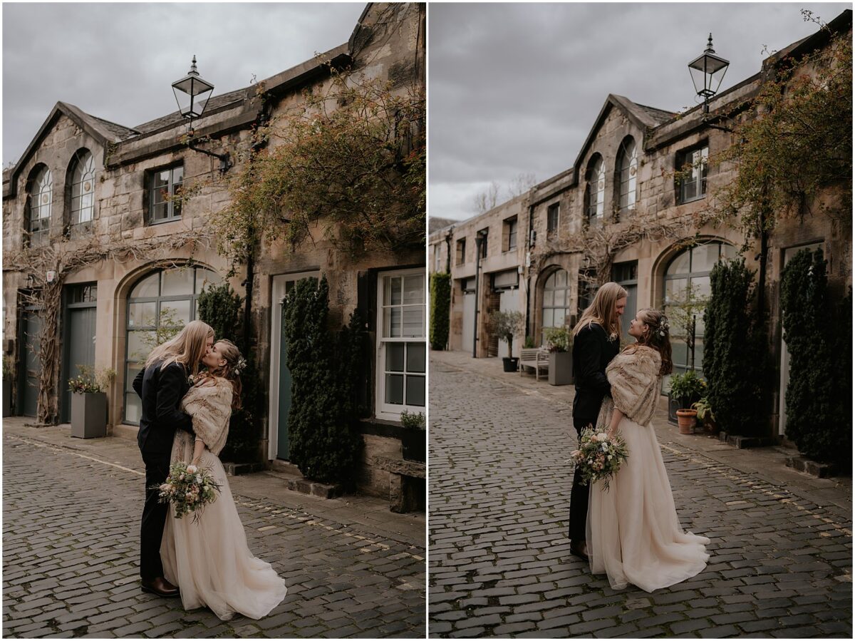 Married couple embracing and sharing a kiss in Edinburgh New Town
