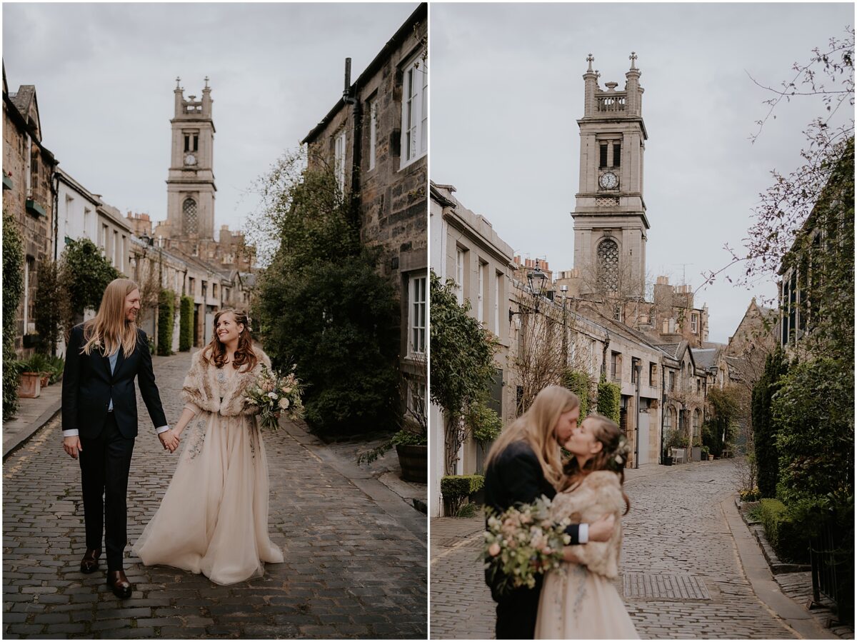 Newlyweds taking a relaxed stroll down Circus Lane, sharing kisses