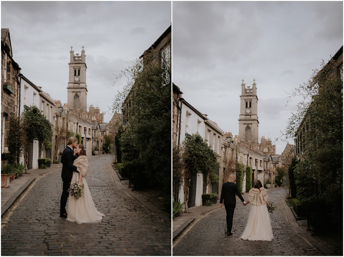 Newlyweds taking a relaxed stroll down Circus Lane, sharing kisses