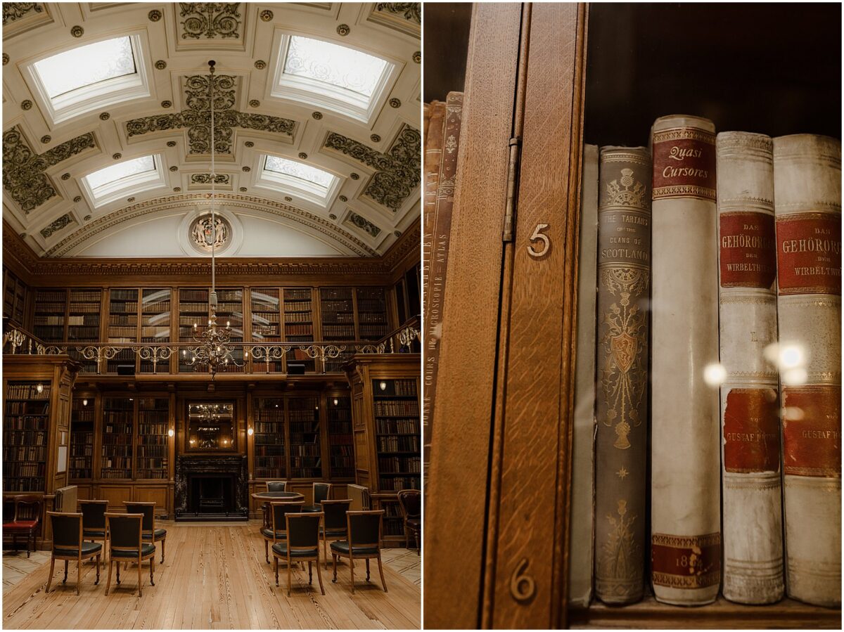 Royal College of Physicians - pre-ceremony venue setup including dark wooden chairs and book-filled cabinets