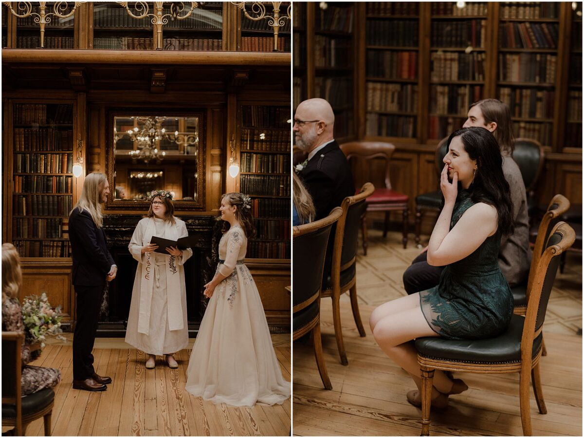 Bride and groom sharing glances during the ceremony; guests watching them closely and candidly reacting