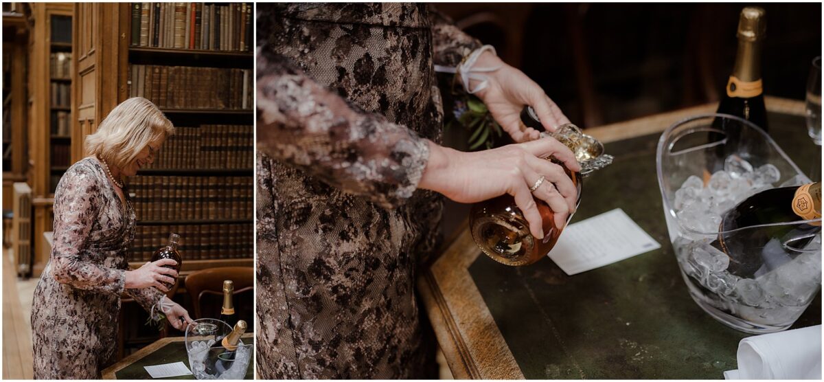 Mother of the groom pouring whisky into a quaich - Scottish love cup