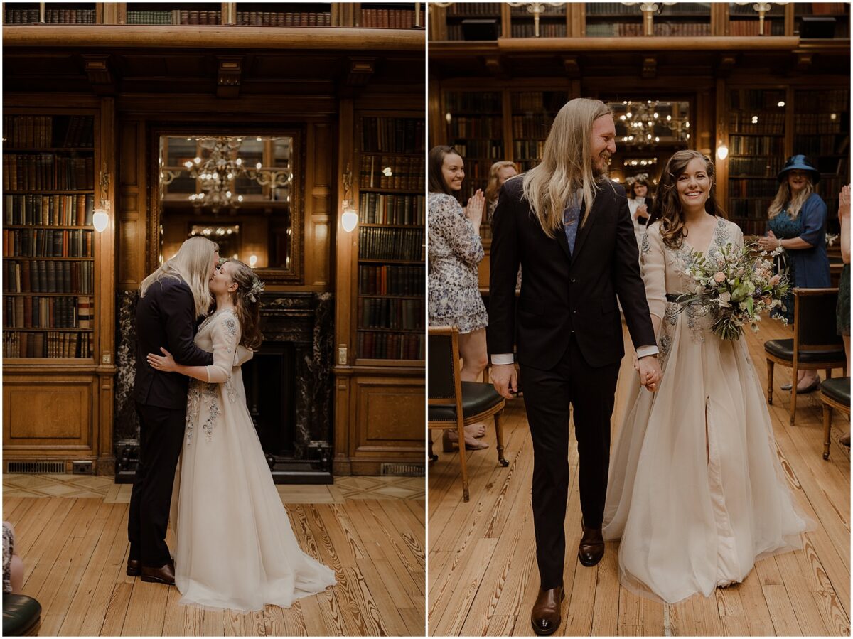 Collage: on the left newlyweds sharing their first kiss; on the right newlyweds walking down the aisle as man and wife