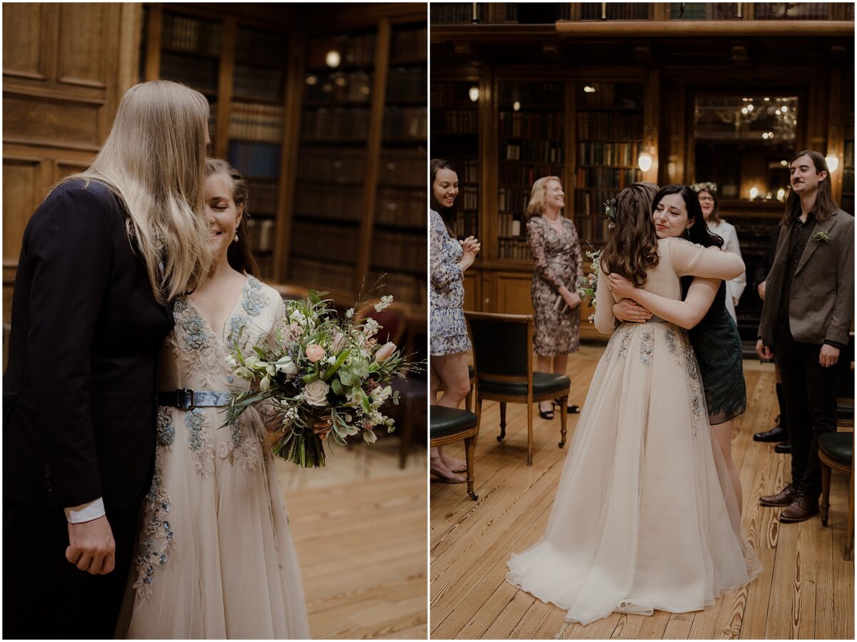Married couple sharing hugs with their guests post-ceremony