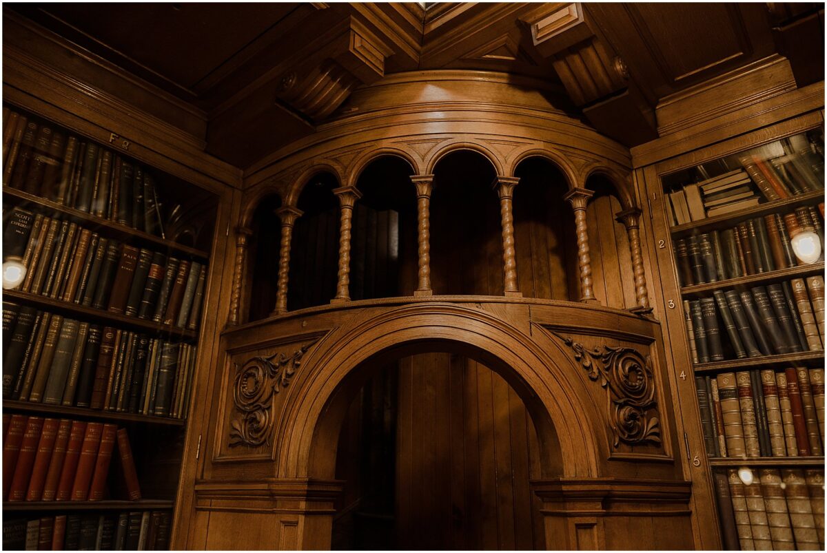 Intricate woodwork at the venue - sculpted wooden panels and a great number of old books