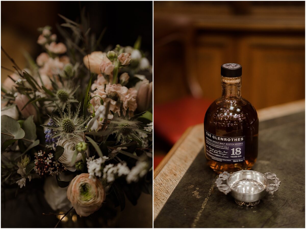Collage: on the left flowers making up the bridal bouquet, on the right the Glenrothes whisky bottle and a metal Scottish quaich