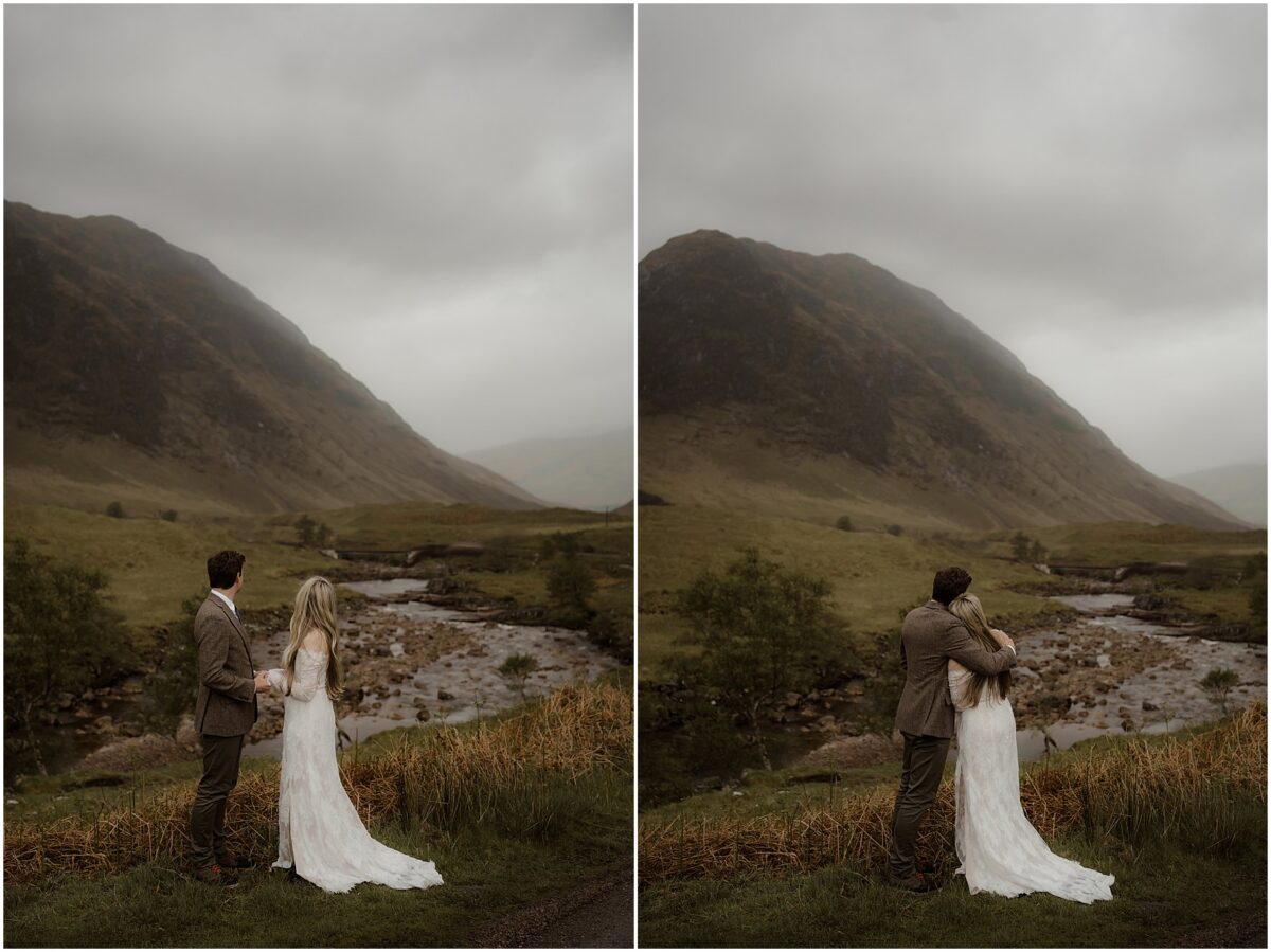 Diptych: 
Left panel: The couple stands just above the stream’s bank, turned slightly toward each other; Right panel: A tighter crop of the same moment: the Bride’s head rests against the Groom’s shoulder
