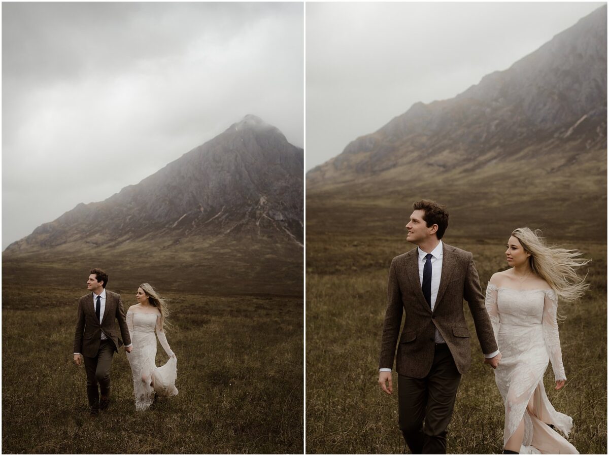 Diptych of two shots on the moor: left, they stride forward hand-in-hand with serious expressions; right, bride's hair streams behind her as they continue into the wild