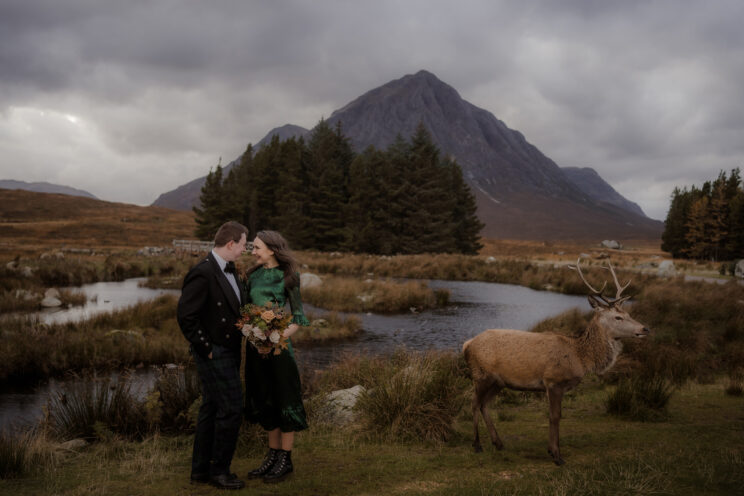 Glencoe wedding photos with deer - Glencoe elopement photographer in Scotland