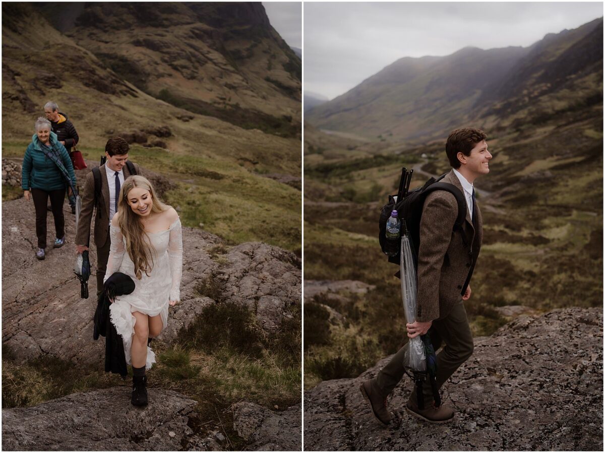 Collage: bride in a white dress and hiking boots smiling uphill; groom carrying a backpack and umbrella, gazing at the valley