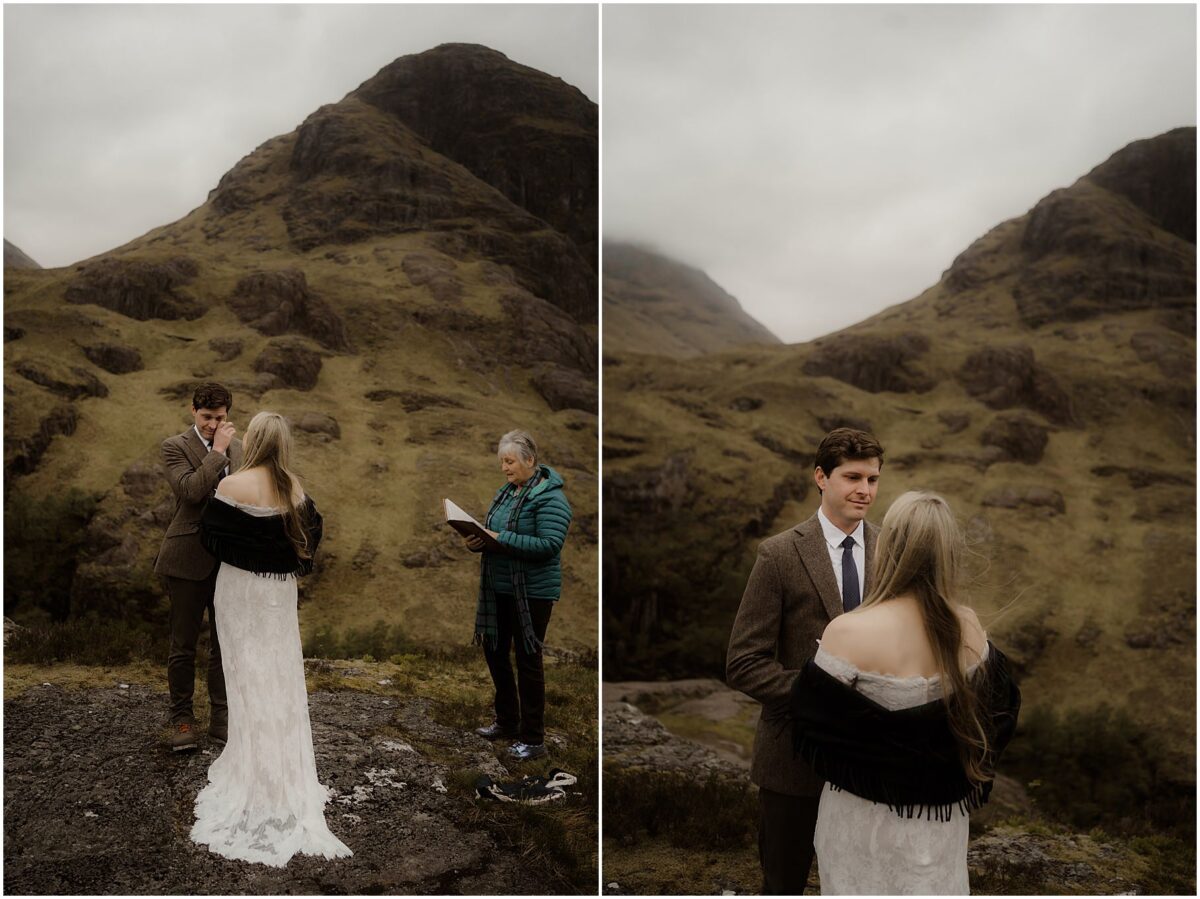 Diptych: left, groom wipes away a tear during the ceremony; right, he gazes lovingly at his bride