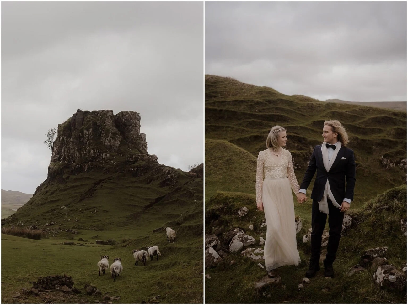 Fairy Glen elopement on Isle of Skye, Scotland Castle Ewen rock formation at Fairy Glen, Isle of Skye, with a flock of sheep grazing below