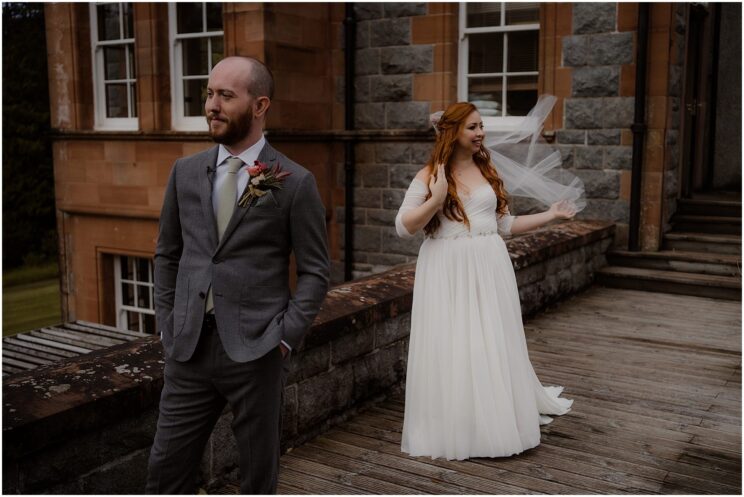Bride and groom's first look - woodland forest elopement at Glencoe Lochan - Glencoe wedding photographer