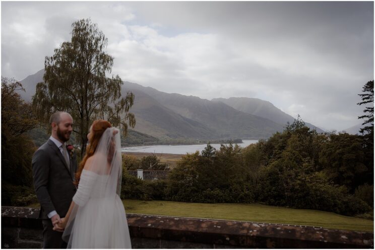 Bride and groom's first look - woodland forest elopement at Glencoe Lochan - Glencoe wedding photographer