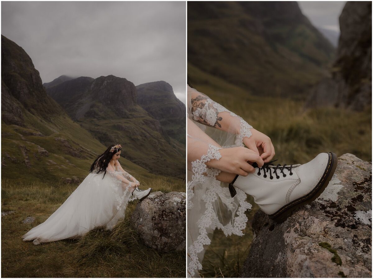 Glencoe wedding photos - Glencoe wedding photographer Bride tying her white Doc Martens boots during the hike