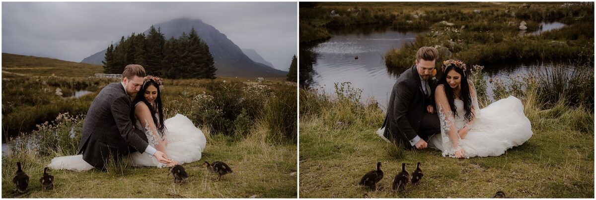 Glencoe wedding photos - Glencoe wedding photographer Beth and Johnny laugh while ducklings paddle across the mirror-pond in front of Kingshouse
