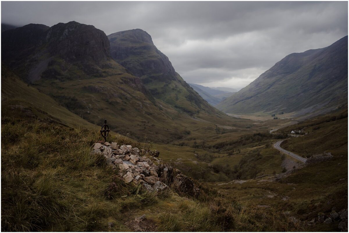 Wedding photos in Glencoe - Glencoe wedding photographer View at the Pap of Glencoe with Ralston Cairn in the foreground