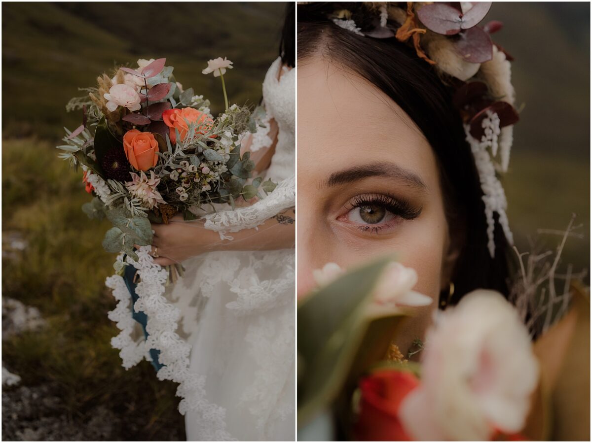 Glencoe wedding photos - Glencoe wedding photographer Collage of close-ups: colourful flower bouquet and bride's eye with flowers in the foreground