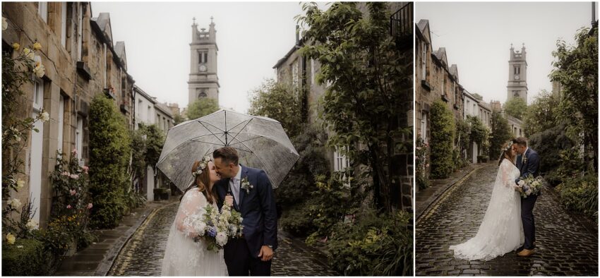 Wedding couple portraits in the rain on Circus Lane in Edinburgh