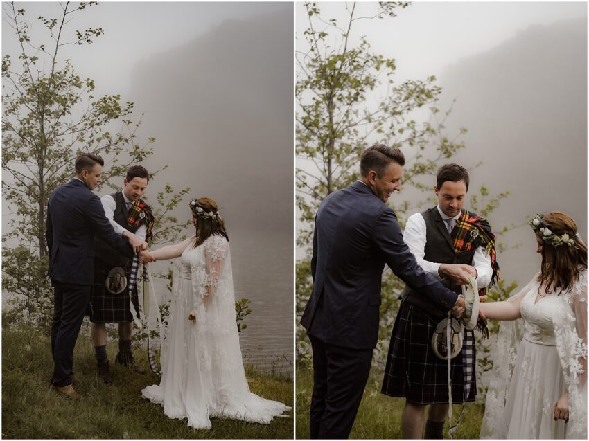 Misty outdoor wedding ceremony with handfasting at Dunsapie Loch in Edinburgh, Scotland