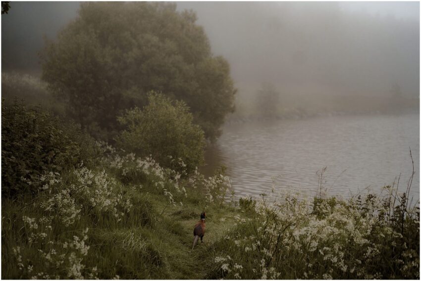 Misty outdoor wedding ceremony at Dunsapie Loch in Edinburgh, Scotland