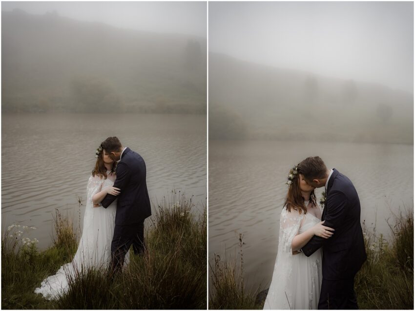 Misty outdoor wedding ceremony at Dunsapie Loch in Edinburgh, Scotland