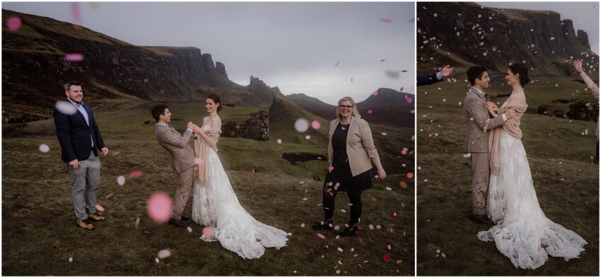 Wedding guests throwing confetti and bride and groom at Quiraing