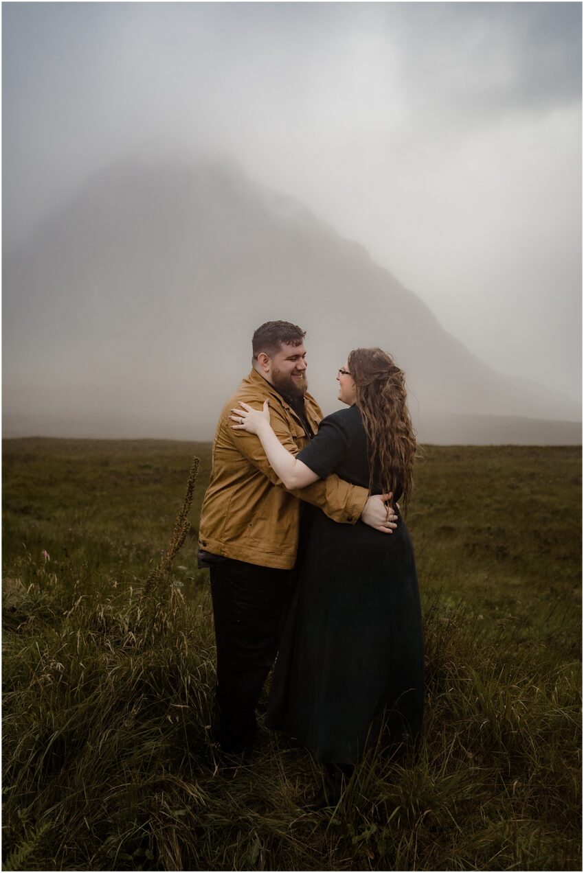 Fiances celebrating their engagement in Highlands