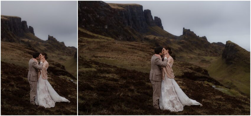 Bride and groom embracing at their  Quiraing Isle of Skye elopement - Quiraing wedding photos