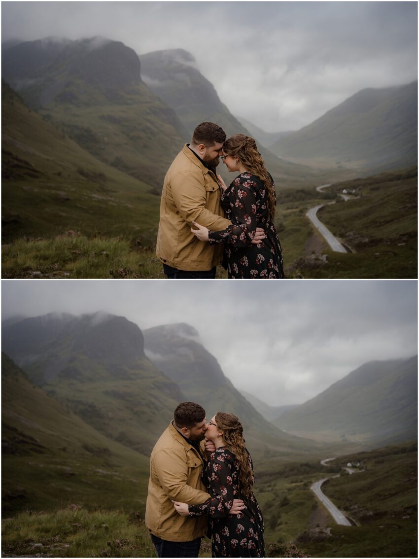 Couple kissing while their photoshoot in the Highlands