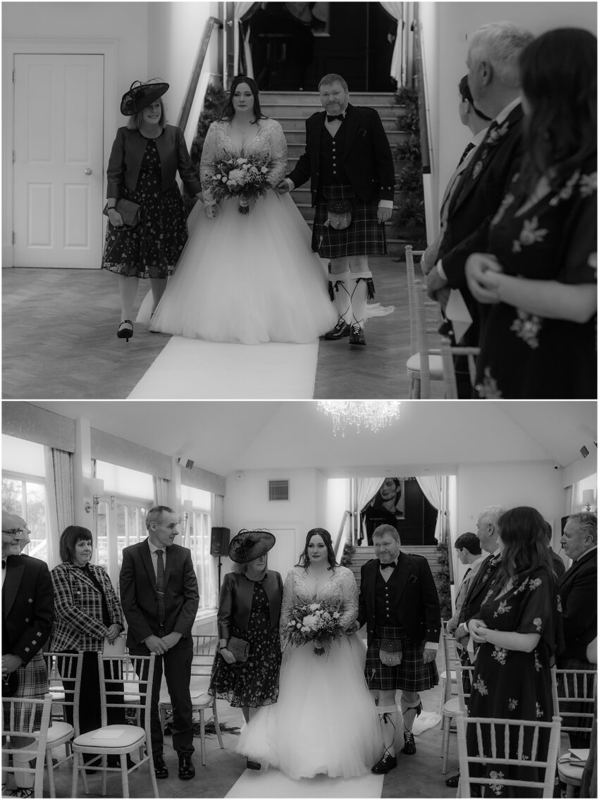 Bride walking down the aisle in Carlowrie Castle in Scotland