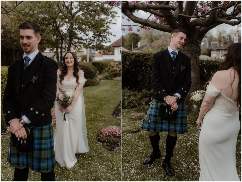 Bride and groom sharing their first look before their Edinburgh wedding