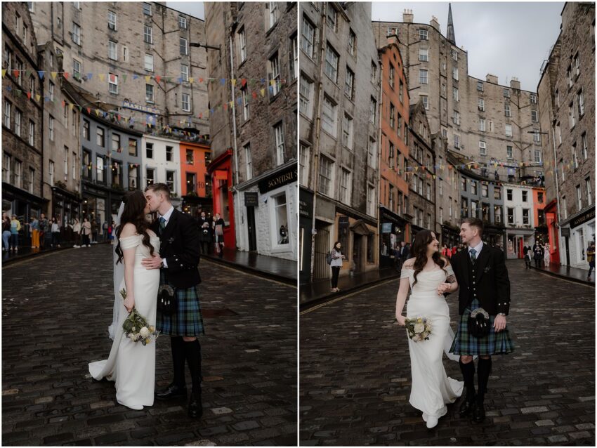 Edinburgh Old town wedding photography - bride and groom walking on Victoria Street