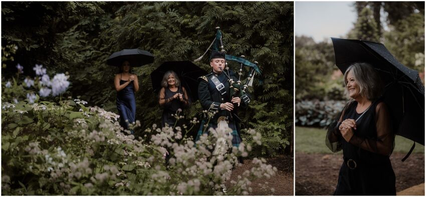Mother of the bride and maid of honour being walked to the side of the aisle by a bagpiper