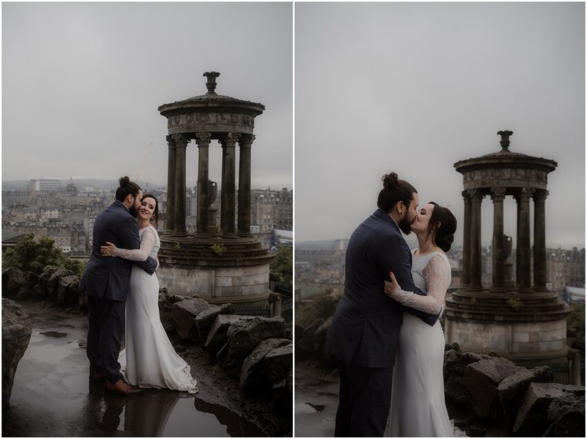 Bride and groom sharing a kiss on Calton Hill - Calton Hill elopement photos