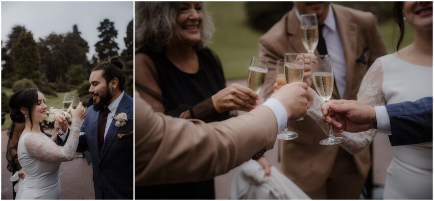 Bride, groom and their guests celebrating their commitment with a glass of post-ceremony champagne