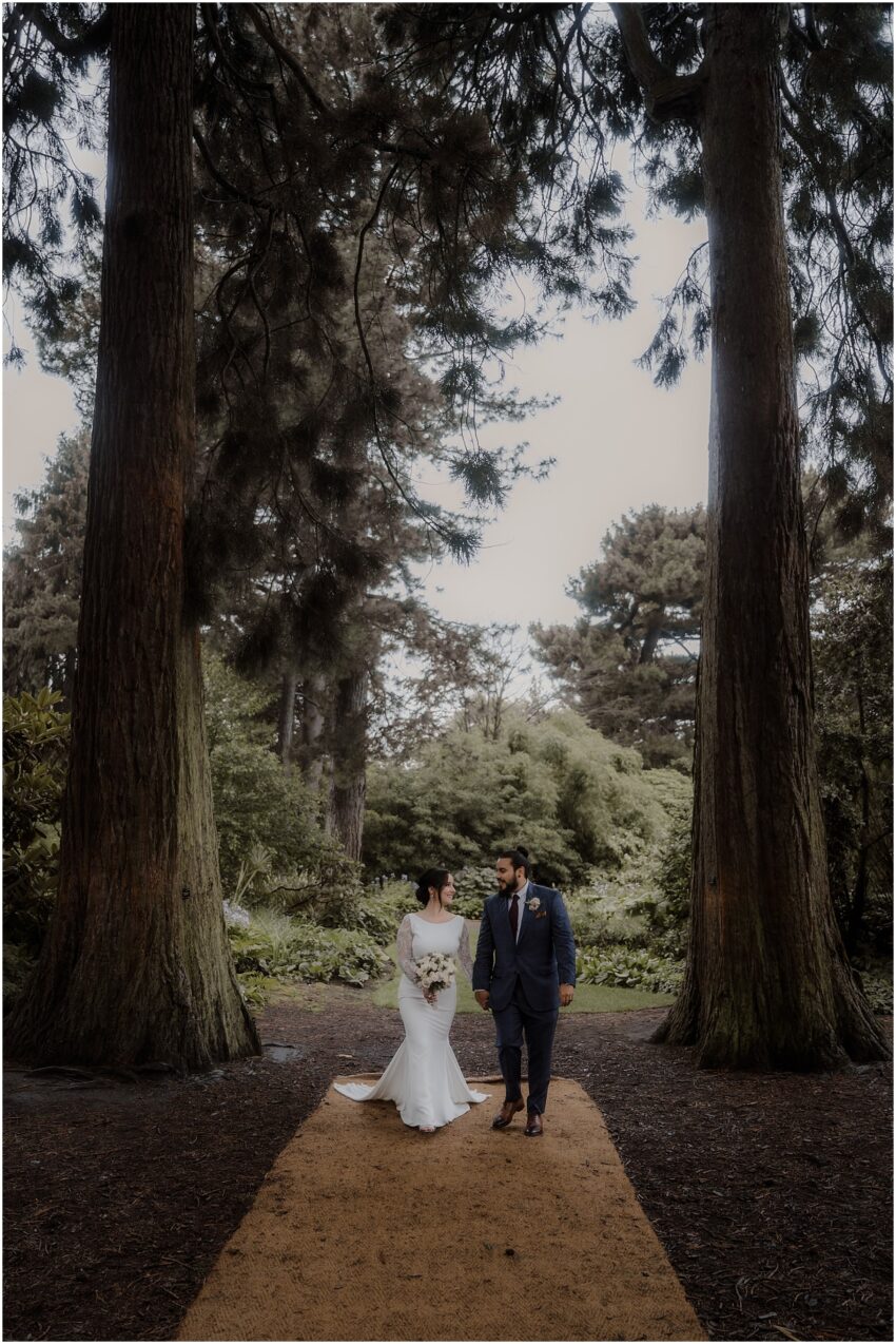 Bride and groom walking and holding hands under the giant redwoods of John Muir Grove
