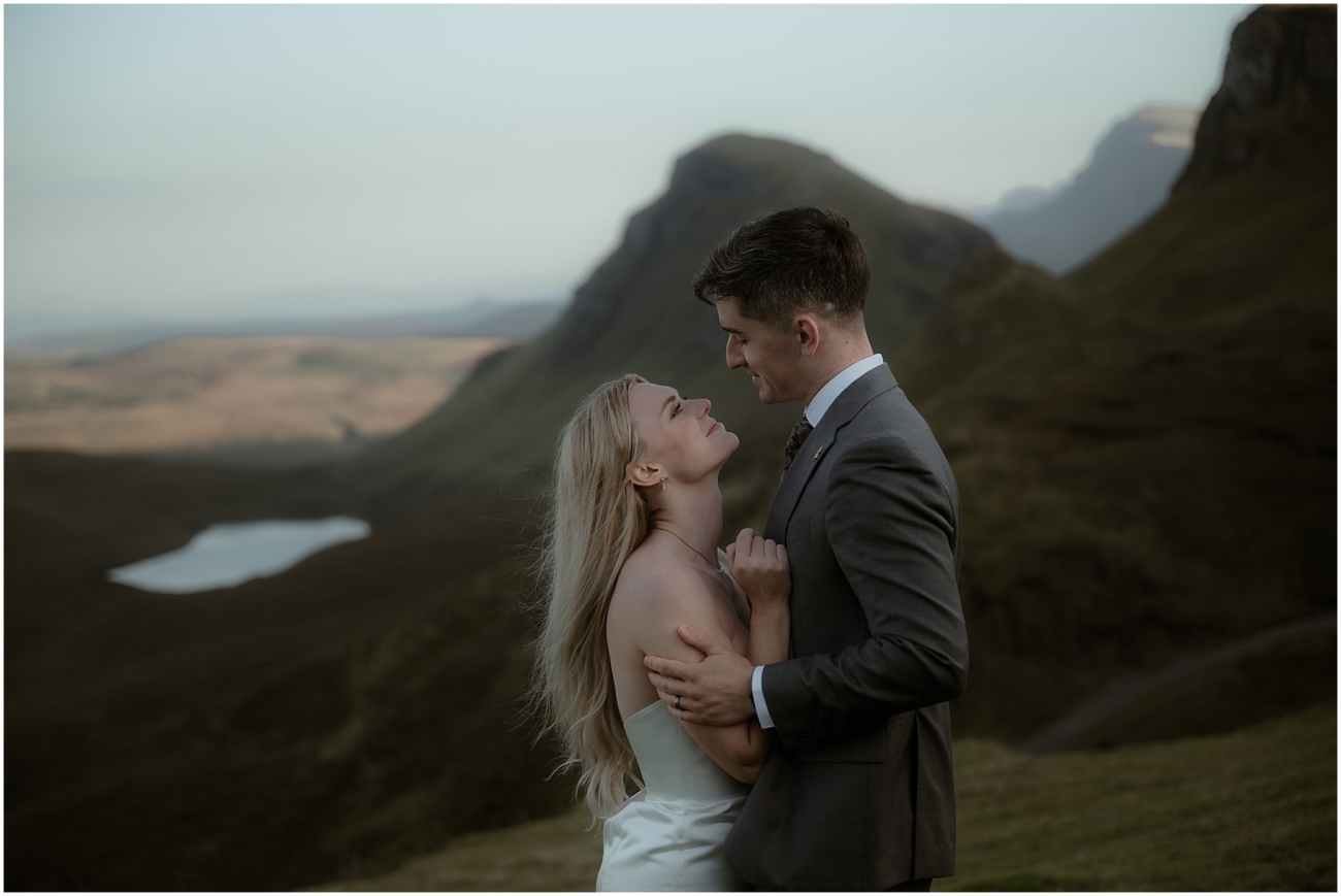 Romantic wedding photos at golden hour at the Quiraing in the Scottish highlands